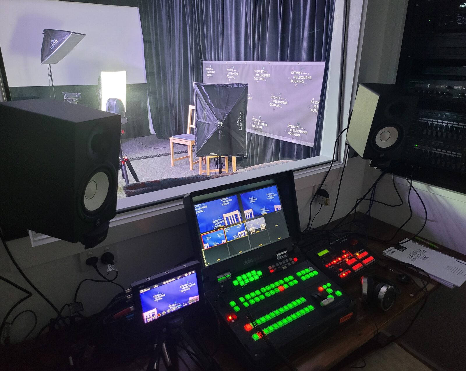 Coops AV studio viewed from the vision and audio production booth